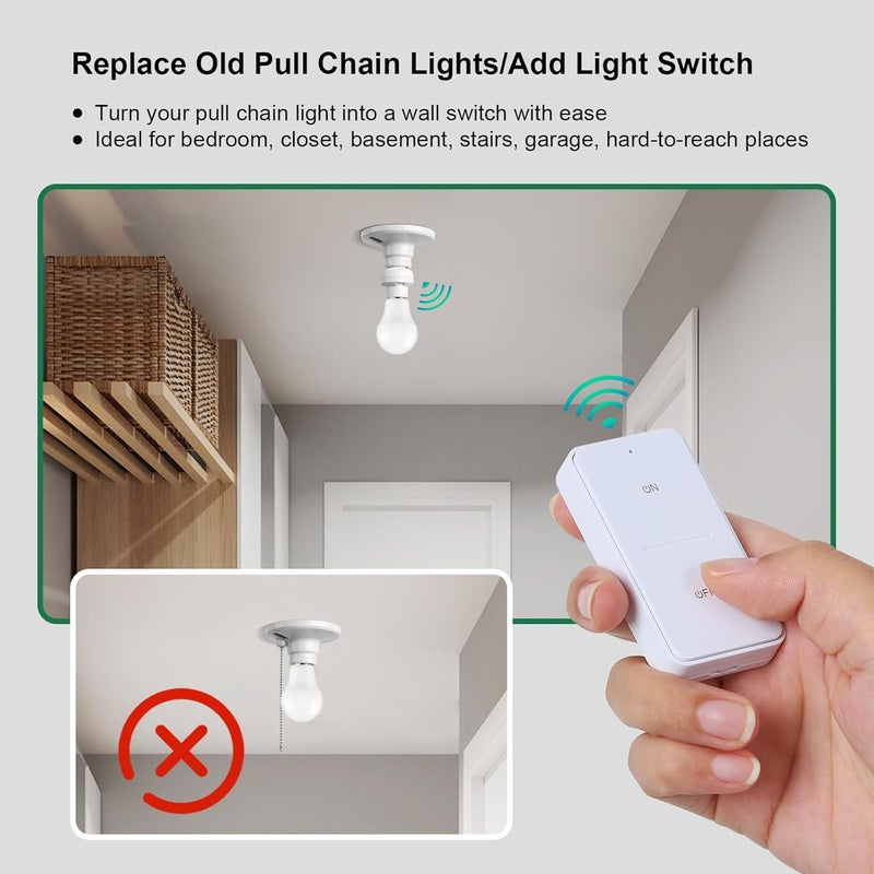 treewell Remote Control Light Socket, 200FT Range Wireless Light Switch, Remote Light Socket for Pull Chain Light Fixture, E26 E27 Bulb Base, No Wiring Needed (2 Wall Mounted Switches and 1 Socket) - Image 3